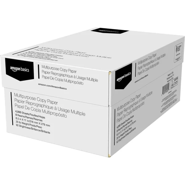 Amazon Basics Multipurpose Copy Printer Paper 85 x 11 20 lb 1 Ream 500 Sheets 92 Bright White8 Reams  4000 Sheets
