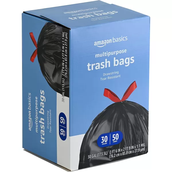 Amazon Basics Multipurpose Drawstring Trash Bags Unscented 30 Gallon 50 Count Previously Solimo50 Count Pack of 1