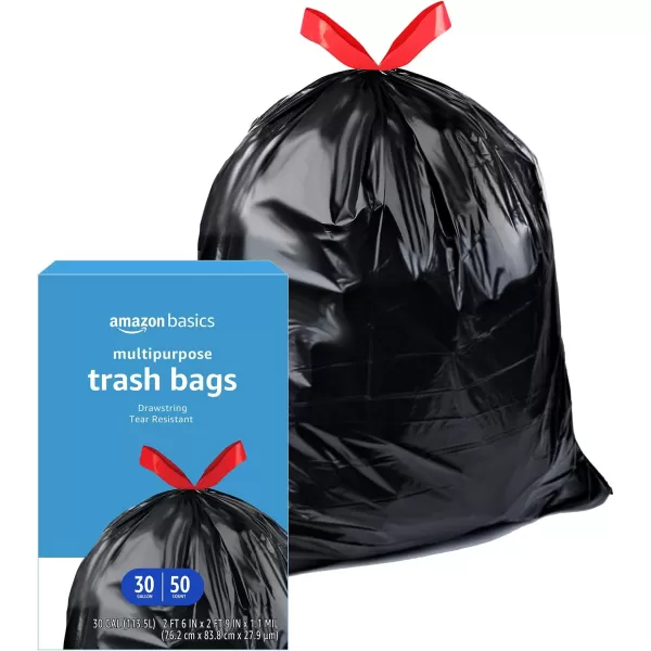 Amazon Basics Multipurpose Drawstring Trash Bags Unscented 30 Gallon 50 Count Previously Solimo50 Count Pack of 1