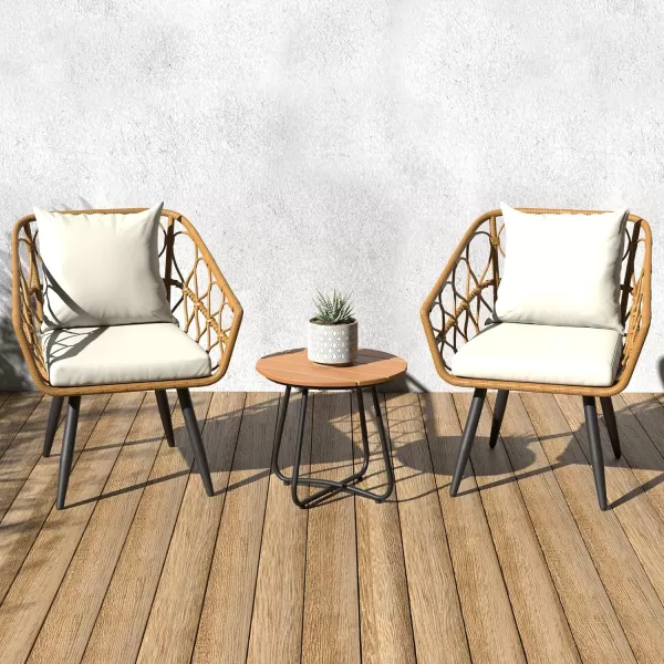 Amazon Basics Outdoor AllWeather 3Piece Woven Faux Rattan Chair Set With Cushions and Side Table Tan Chair 2677L x 2638W x 315HTan