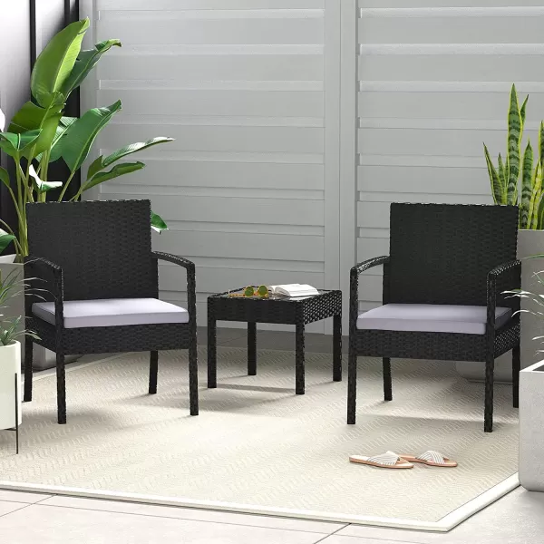 Amazon Basics Outdoor Patio Garden Faux Wicker Rattan Chair Conversation Set with Water Resistant Cushion  3Piece Set Black3Piece Black
