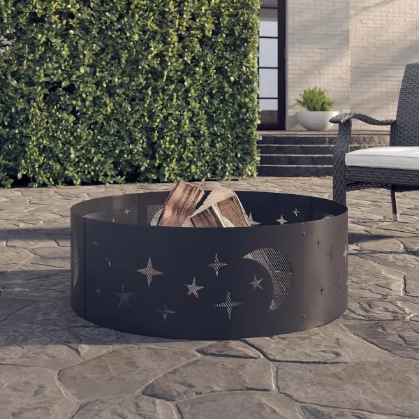 Amazon Basics Outdoor Round Steel Fire Ring  36Inch Star and Moon Design BlackStar and Moon