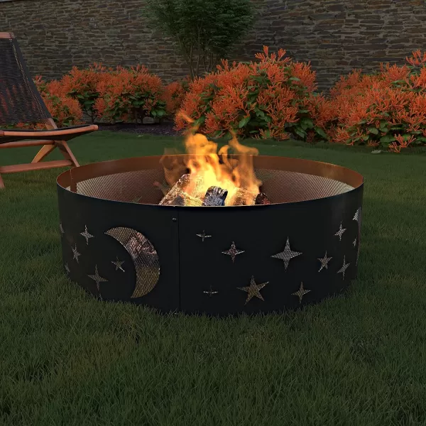 Amazon Basics Outdoor Round Steel Fire Ring  36Inch Star and Moon Design BlackStar and Moon