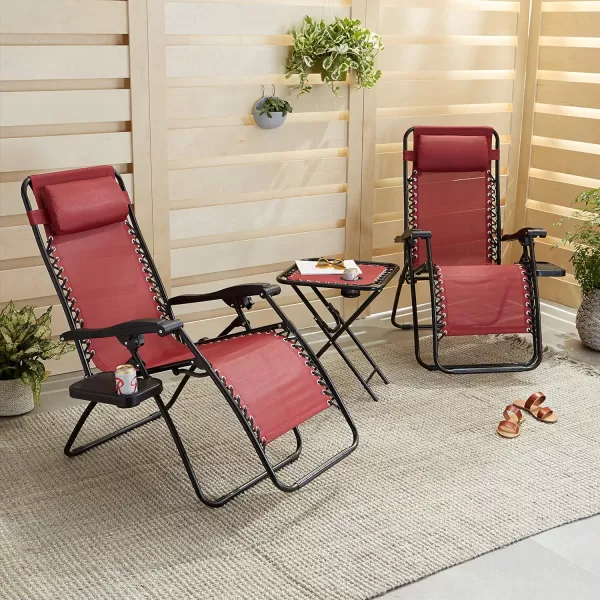 Amazon Basics Outdoor Textilene Adjustable Zero Gravity Folding Reclining 3Piece Lounge Chair Set with Side Table Blue pack of 2Red