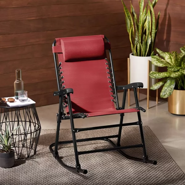 Amazon Basics Outdoor Textilene Zero Gravity Folding Lounge Rocker with Pillow RedRed Foldable Rocking Chair