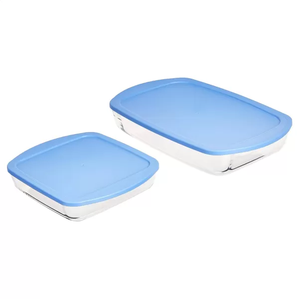 Amazon Basics Oven Safe Glass Baking and Food Storage Dish Set with BPAFree Lids Set of 2 Rectangular 36L and Square 16L2Piece Bakeware Set with Lids