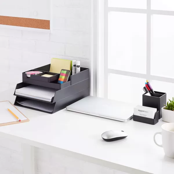 Amazon Basics Plastic Desk Organizer  Magazine Rack Black 2PackAccessory Tray Bundle