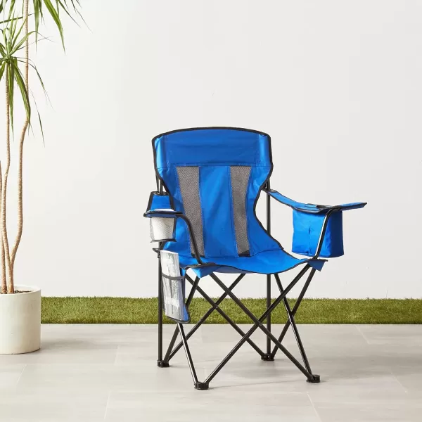 Amazon Basics Portable Folding Camping Chair with 4Can Cooler Side Pocket and Cup Holder with Carrying BagMesh Blue
