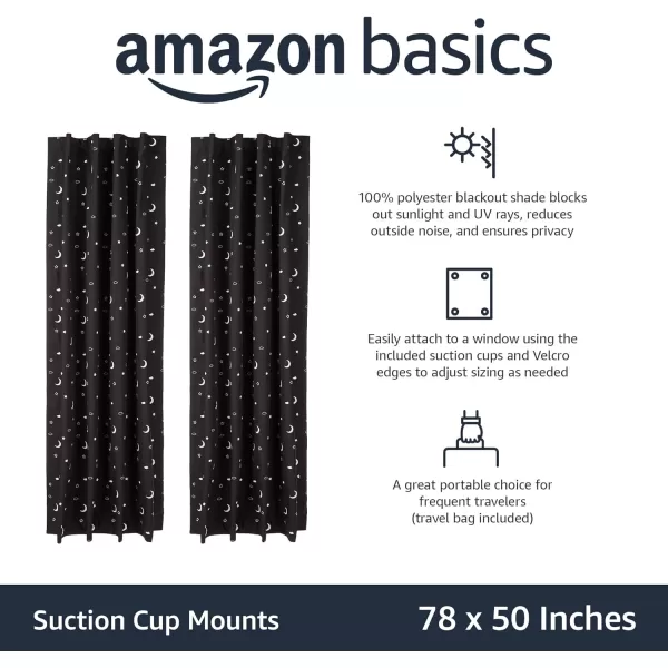 Amazon Basics Portable Window Blackout Curtain Shade with Suction Cups for Travel 2Pack 78L x 50W BlackMoon and Stars 2Pack