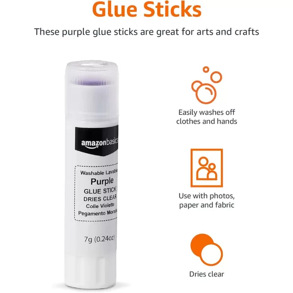 Amazon Basics Purple Washable School Glue Sticks Dries Clear 024oz Stick60PackSmall 60Pack