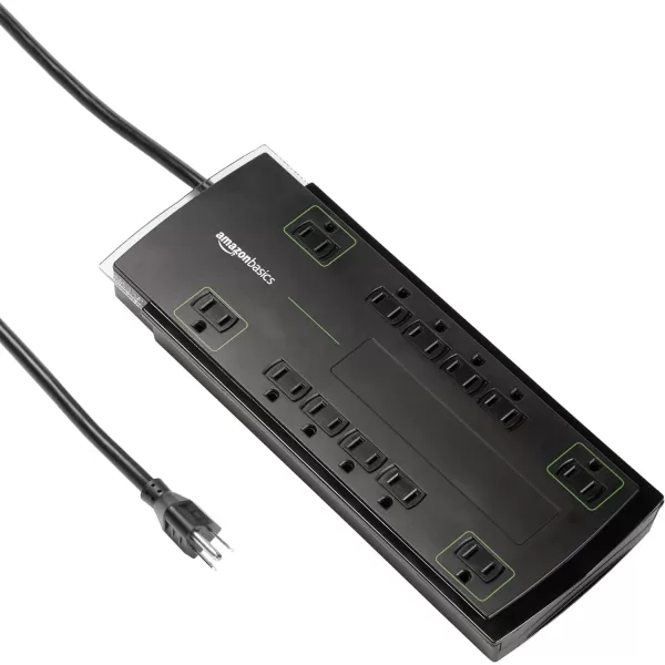 Amazon Basics Rectangular 12Outlet Power Strip Surge Protector  4320 Joule 10Foot Cord Black10Foot Cord
