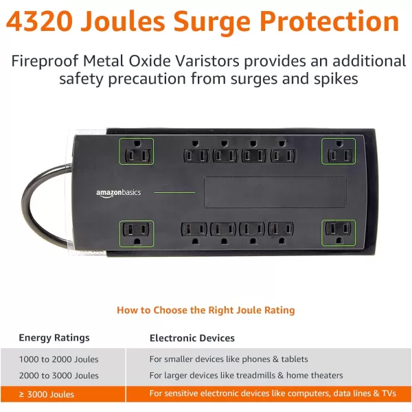 Amazon Basics Rectangular 12Outlet Power Strip Surge Protector  4320 Joule 10Foot Cord Black8Foot Cord