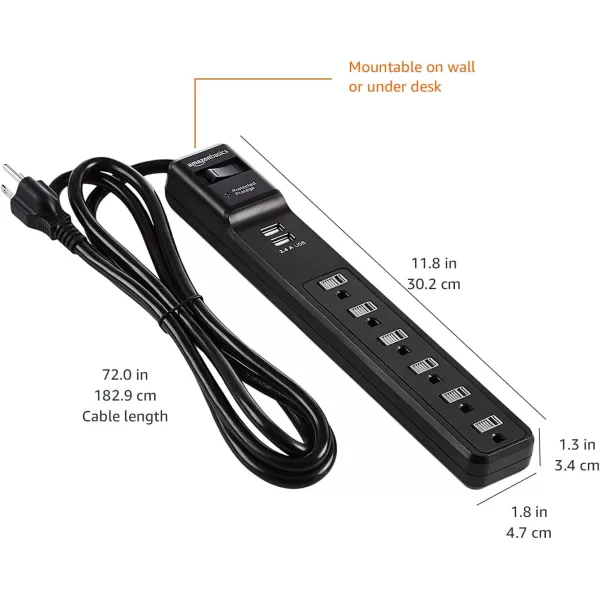 Amazon Basics Rectangular 6Outlet Surge Protector Power Strip with 2 USB Ports  1000 Joule Black 6 ftBlack
