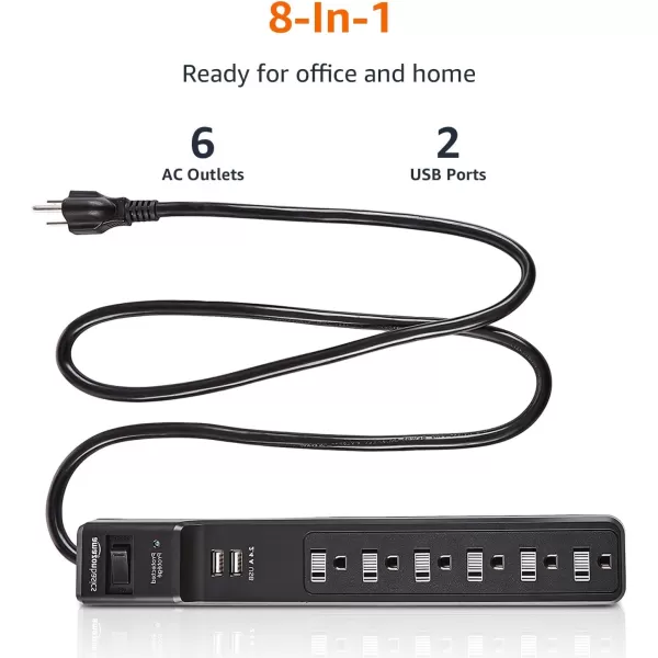 Amazon Basics Rectangular 6Outlet Surge Protector Power Strip with 2 USB Ports  1000 Joule Black 6 ftBlack