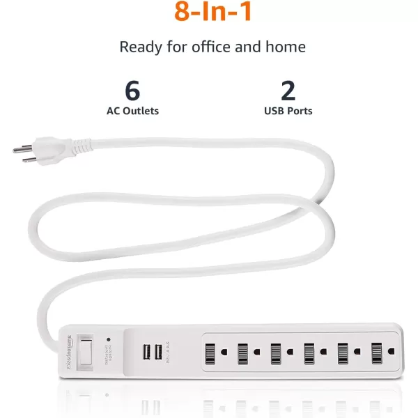 Amazon Basics Rectangular 6Outlet Surge Protector Power Strip with 2 USB Ports  1000 Joule Black 6 ftWhite