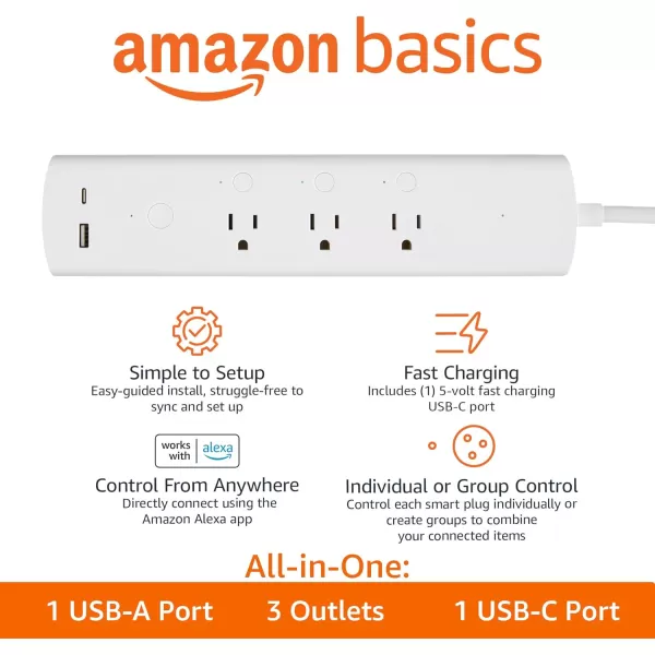 Amazon Basics Rectangular Smart Plug Power Strip Surge Protector with 3 Individually Controlled Outlets and 2 USB Ports 1 USB C 24 GHz WiFi Works with Alexa WhiteAmazon Basics Rectangular Smart Plug Power Strip Surge Protector with 3 Individually Controlled Outlets and 2 USB Ports 1 USB C 24 GHz WiFi Works with Alexa White
