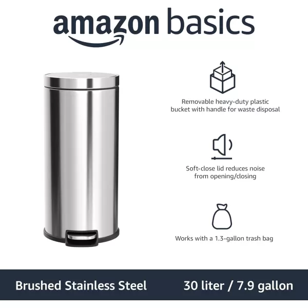 Amazon Basics Round Cylindrical Trash Can With SoftClose Foot Pedal 30 Liter79 Gallon Brushed Stainless Steel30L  79 Gallon