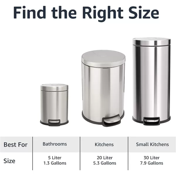Amazon Basics Round Cylindrical Trash Can With SoftClose Foot Pedal 30 Liter79 Gallon Brushed Stainless Steel5L  13 Gallon