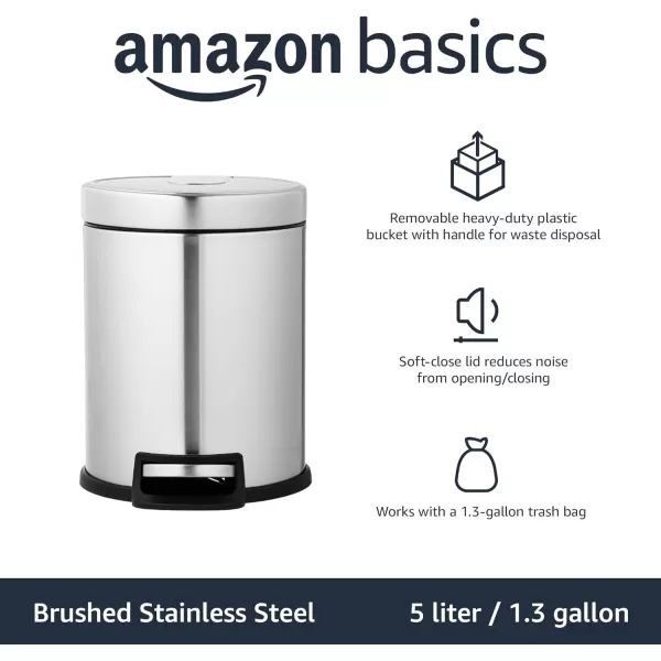 Amazon Basics Round Cylindrical Trash Can With SoftClose Foot Pedal 30 Liter79 Gallon Brushed Stainless Steel5L  13 Gallon