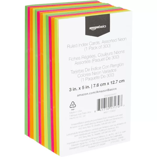 Amazon Basics Ruled Index Flash Cards Assorted Neon Colored 3x5 Inch 300Count3x5