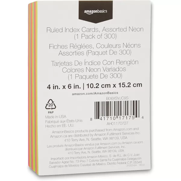 Amazon Basics Ruled Index Flash Cards Assorted Neon Colored 3x5 Inch 300Count4x6