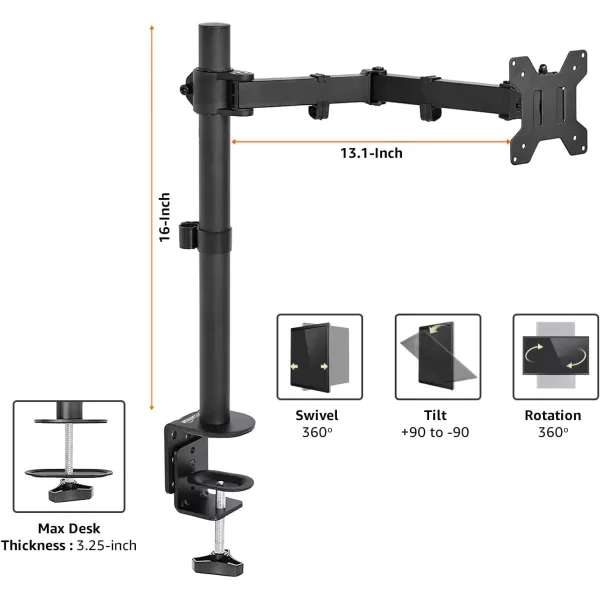 Amazon Basics Single Computer Monitor Stand Height Adjustable Desk Arm Mount Steel BlackAmazon Basics Single Computer Monitor Stand Height Adjustable Desk Arm Mount Steel Black