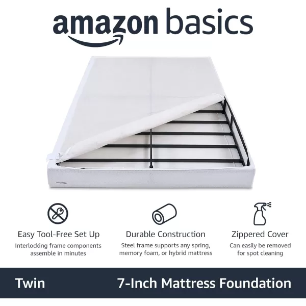 Amazon Basics Smart Box Spring Bed Base 7Inch Mattress Foundation ToolFree Easy Assembly King WhiteTwin