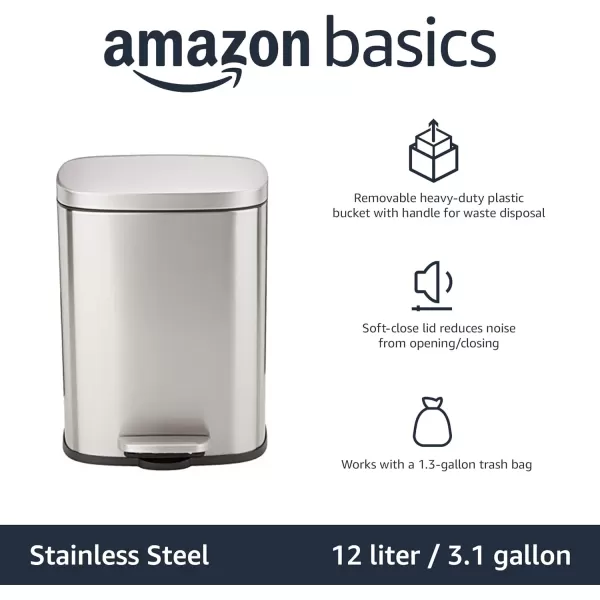 Amazon Basics Smudge Resistant Rectangular Trash Can With SoftClose Foot Pedal Brushed Stainless Steel 50 Liter132 Gallon Satin Nickel Finish12L  31 Gallon