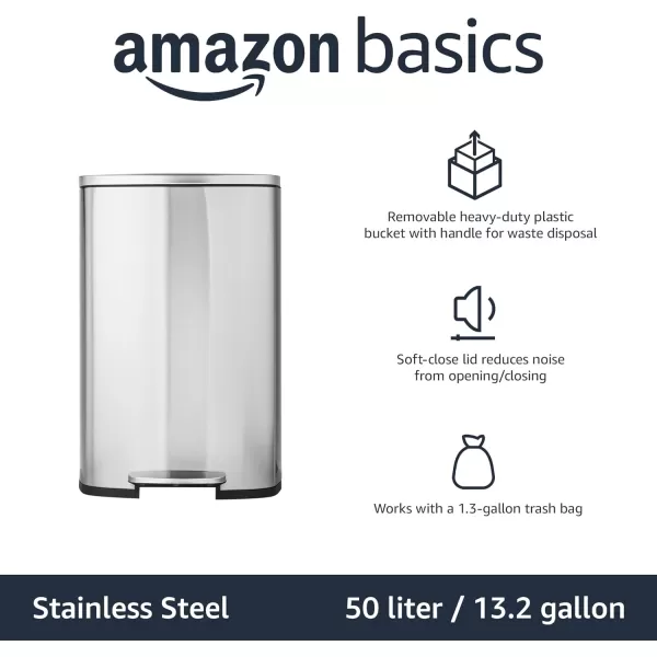 Amazon Basics Smudge Resistant Rectangular Trash Can With SoftClose Foot Pedal Brushed Stainless Steel 50 Liter132 Gallon Satin Nickel Finish50L  132 Gallon