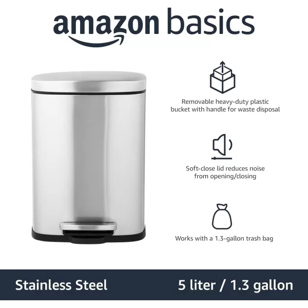 Amazon Basics Smudge Resistant Rectangular Trash Can With SoftClose Foot Pedal Brushed Stainless Steel 50 Liter132 Gallon Satin Nickel Finish5L  13 Gallon