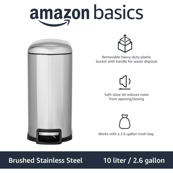 Amazon Basics Smudge Resistant Small DShaped Trash Can With SoftClose Foot Pedal For Narrow Spaces 10 Liter26 Gallons Brushed Stainless SteelNarrow 10L  26 Gallon Brushed Stainless Steel