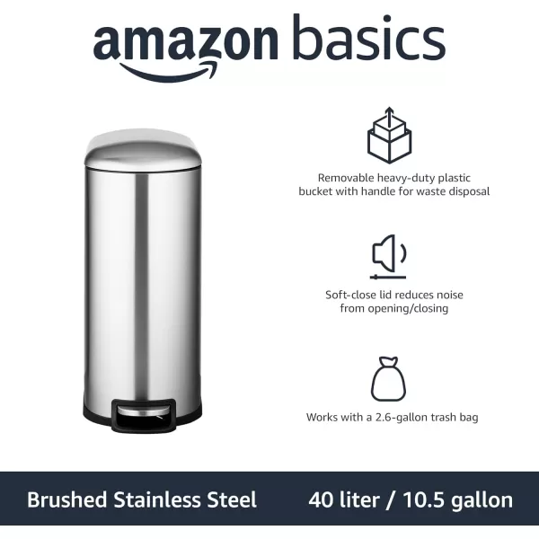 Amazon Basics Smudge Resistant Small DShaped Trash Can With SoftClose Foot Pedal For Narrow Spaces 10 Liter26 Gallons Brushed Stainless SteelNarrow 40L  105 Gallon Brushed Stainless Steel