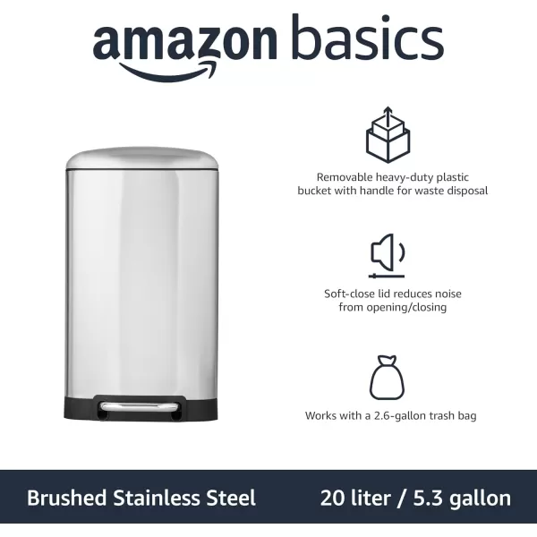 Amazon Basics Smudge Resistant Small DShaped Trash Can With SoftClose Foot Pedal For Narrow Spaces 10 Liter26 Gallons Brushed Stainless SteelWide 20L  53 Gallon Nickel
