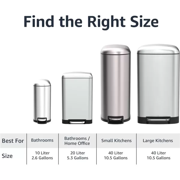 Amazon Basics Smudge Resistant Small DShaped Trash Can With SoftClose Foot Pedal For Narrow Spaces 10 Liter26 Gallons Brushed Stainless SteelWide 20L  53 Gallon Nickel