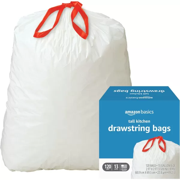 Amazon Basics Tall Kitchen Drawstring Trash Bags 13 Gallon Unscented 120 Count Previously Solimo120 Count Pack of 1