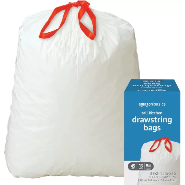 Amazon Basics Tall Kitchen Drawstring Trash Bags 13 Gallon Unscented 120 Count Previously Solimo45 Count Pack of 1
