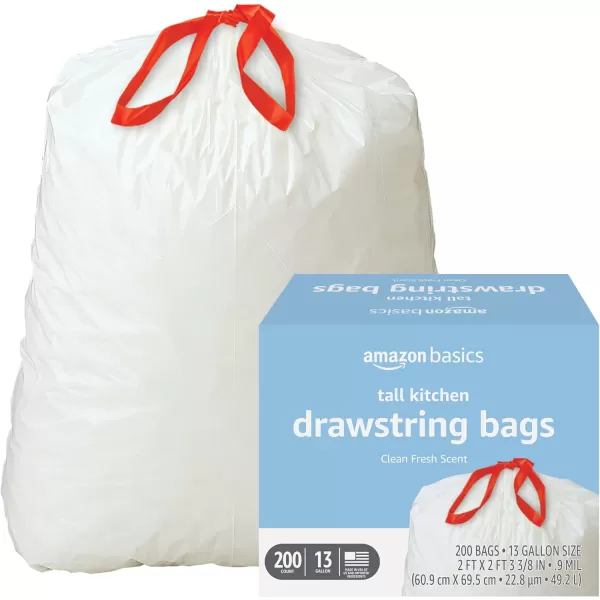 Amazon Basics Tall Kitchen Drawstring Trash Bags Clean Fresh Scent 13 Gallon 45 Count Previously SolimoClean Fresh 200 Count Pack of 1