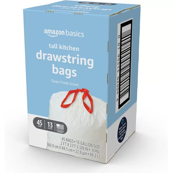 Amazon Basics Tall Kitchen Drawstring Trash Bags Clean Fresh Scent 13 Gallon 45 Count Previously SolimoClean Fresh 45 Count Pack of 1