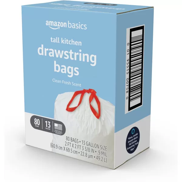 Amazon Basics Tall Kitchen Drawstring Trash Bags Clean Fresh Scent 13 Gallon 45 Count Previously SolimoClean Fresh 80 Count Pack of 1
