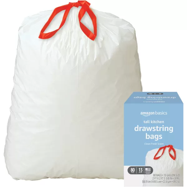 Amazon Basics Tall Kitchen Drawstring Trash Bags Clean Fresh Scent 13 Gallon 45 Count Previously SolimoClean Fresh 80 Count Pack of 1