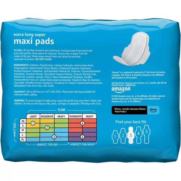 Amazon Basics Thick Maxi Pads with FlexiWings for Periods Extra Heavy Overnight Absorbency Unscented Size 5 20 Count 1 Pack Previously Solimo26 Count Pack of 1