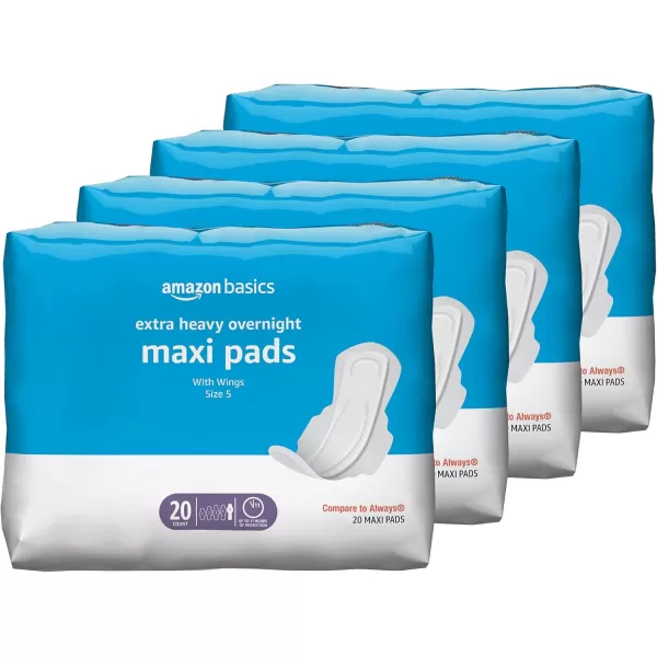 Amazon Basics Thick Maxi Pads with FlexiWings for Periods Extra Heavy Overnight Absorbency Unscented Size 5 20 Count 1 Pack Previously SolimoSize 5