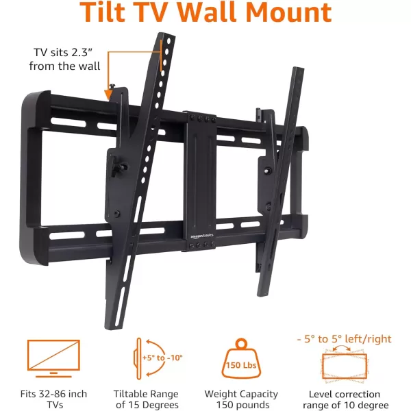 Amazon Basics Tilt TV Wall Mount with Horizontal Post Installation Leveling for 32Inch to 86Inch TVs BlackAmazon Basics Tilt TV Wall Mount with Horizontal Post Installation Leveling for 32Inch to 86Inch TVs Black