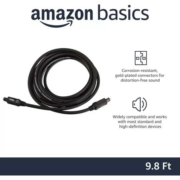 Amazon Basics Toslink Digital Optical Audio Cable MultiChannel for Audio System Sound Bar Home Theatre GoldPlated Connectors 6 Foot Black98 Feet 1Pack