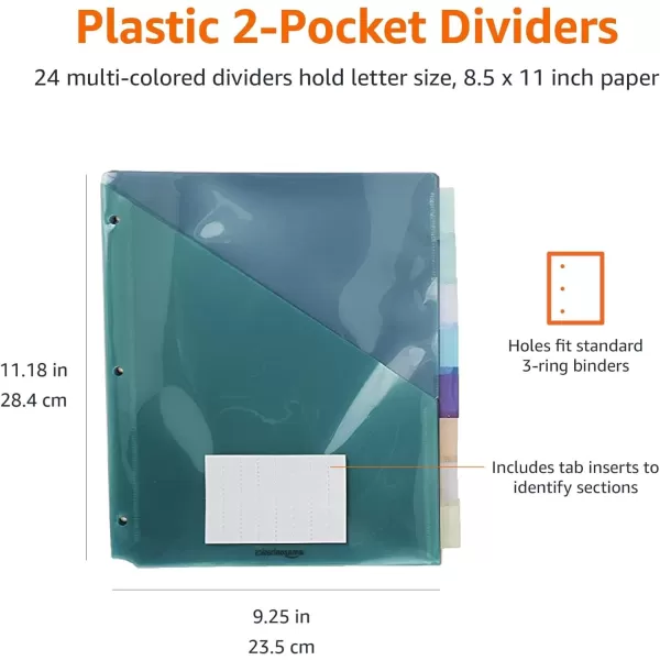 Amazon Basics Two Pocket Plastic Dividers 8 Tab Set 24 Count Pack of 3 Letter Size Assorted Color24 Count