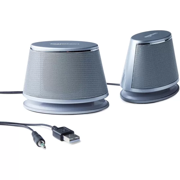 Amazon Basics USB PlugnPlay Computer 2 Speakers For PC or Laptop 1 Pair Set of 2 Silver with Blue LED Light2 Speakers Silver