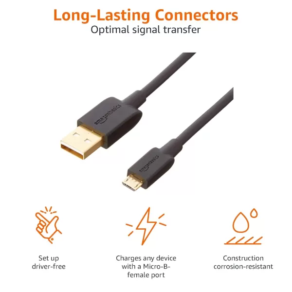 Amazon Basics USBA to Micro USB Fast Charging Cable 480Mbps Transfer Speed with GoldPlated Plugs USB 20 3 Foot Black10 Feet 5Pack