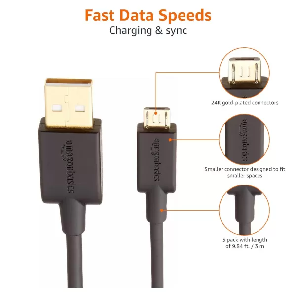 Amazon Basics USBA to Micro USB Fast Charging Cable 480Mbps Transfer Speed with GoldPlated Plugs USB 20 3 Foot Black10 Feet 5Pack