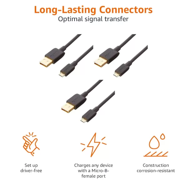 Amazon Basics USBA to Micro USB Fast Charging Cable 480Mbps Transfer Speed with GoldPlated Plugs USB 20 3 Foot Black3 Feet 3 Pack