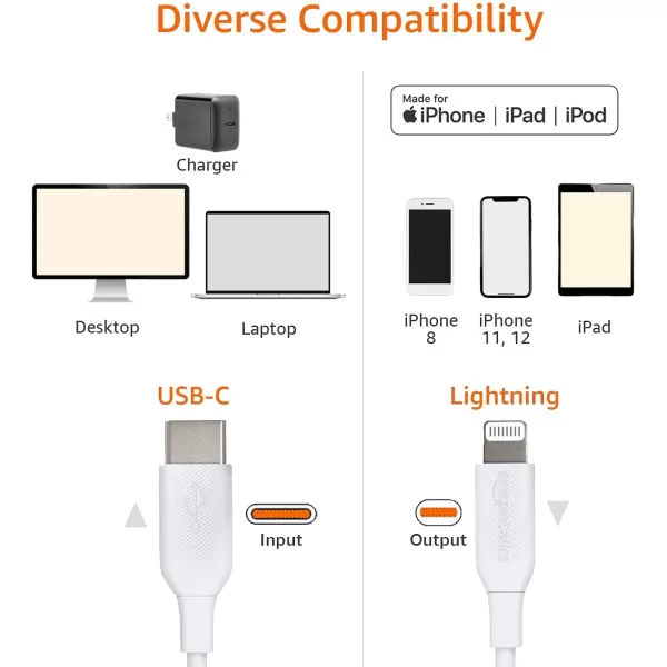 Amazon Basics USBC to Lightning ABS Charger Cable MFi Certified Charger for Apple iPhone 14 13 12 11 X Xs Pro Pro Max Plus iPad 3 Foot WhiteWhite 3 Feet